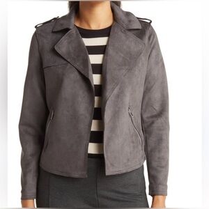 Tahari Faux Suede Leather Cropped Moto Jacket "Carbon" Gray, Size Small
